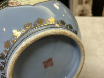 A Chinese famille rose lavender-blue-ground bottle vase, Qianlong mark, Republic