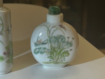 Five Chinese famille rose 'grasshopper' and 'butterfly' snuff bottles, 19/20th C.