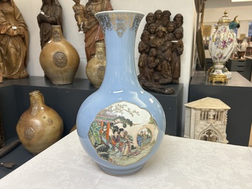 A Chinese famille rose lavender-blue-ground bottle vase, Qianlong mark, Republic