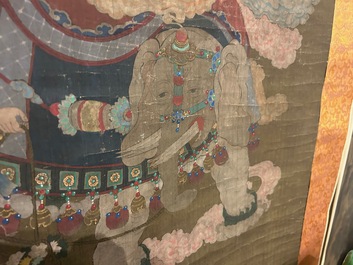 Ecole chinoise: 'Samanthabadra sur l'&eacute;l&eacute;phant &agrave; six d&eacute;fenses', encre et couleurs sur soie, 17/18&egrave;me