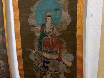Ecole chinoise: 'Samanthabadra sur l'&eacute;l&eacute;phant &agrave; six d&eacute;fenses', encre et couleurs sur soie, 17/18&egrave;me