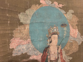Ecole chinoise: 'Samanthabadra sur l'&eacute;l&eacute;phant &agrave; six d&eacute;fenses', encre et couleurs sur soie, 17/18&egrave;me