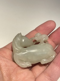 Five Chinese white, celadon and grey-black jade carvings, Qing/Republic
