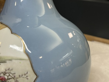A Chinese famille rose lavender-blue-ground bottle vase, Qianlong mark, Republic