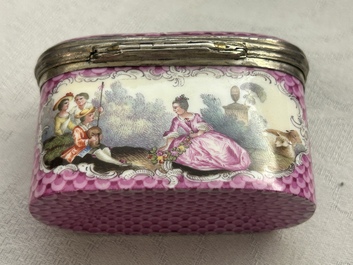 An oval gilt-silver-mounted polychrome Meissen porcelain snuff-box and cover, Germany, 3rd quarter 18th C.