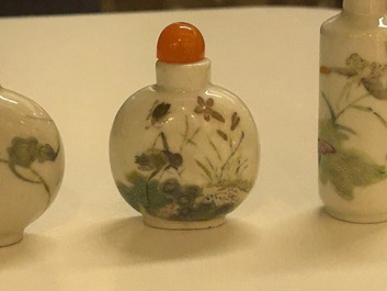 Five Chinese famille rose 'grasshopper' and 'butterfly' snuff bottles, 19/20th C.