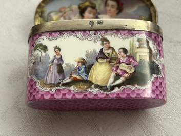 An oval gilt-silver-mounted polychrome Meissen porcelain snuff-box and cover, Germany, 3rd quarter 18th C.