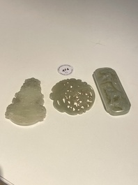 Three Chinese celadon and white jade pendants, Qing