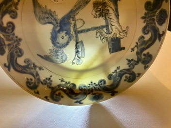A pair of Chinese eggshell Pronk studio 'parrot and spaniel' plates, Yongzheng/Qianlong