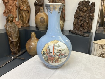 A Chinese famille rose lavender-blue-ground bottle vase, Qianlong mark, Republic
