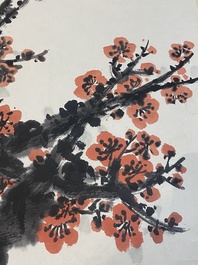 Guan Shanyue 關山月 (1912-2000): 'Fleurs de prunier', encre et couleurs sur papier, dat&eacute; 1992