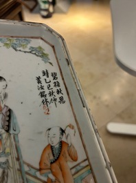 Een Chinees blauw-wit 'Shou' plateau, een qianjiang cai plateau en een famille verte bord, 19/20e eeuw