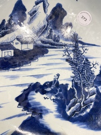 A Chinese blue and white dish with a scholar in a landscape, Yongzheng/Qianlong