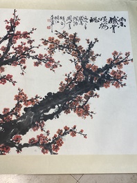 Guan Shanyue 關山月 (1912-2000): 'Fleurs de prunier', encre et couleurs sur papier, dat&eacute; 1992