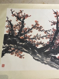 Guan Shanyue 關山月 (1912-2000): 'Fleurs de prunier', encre et couleurs sur papier, dat&eacute; 1992