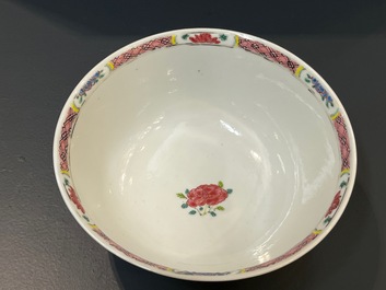 A Chinese famille rose plate and bowl with a nursing mother and men drinking tea on the shore, Yongzheng