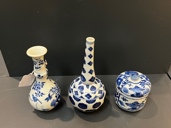 Two Chinese blue and white vases and a covered bowl, Kangxi