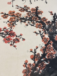 Guan Shanyue 關山月 (1912-2000): 'Fleurs de prunier', encre et couleurs sur papier, dat&eacute; 1992