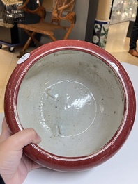 Four Chinese blue- and flamb&eacute;-glazed censers and a brush washer, 19/20th C.