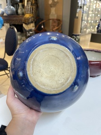 Four Chinese blue- and flamb&eacute;-glazed censers and a brush washer, 19/20th C.