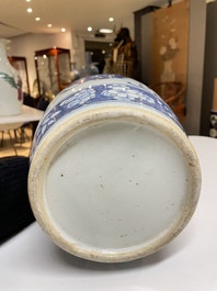 Een paar Chinese blauw-witte vazen met boeddhistische leeuwen, 19e eeuw