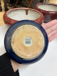 Four Chinese blue- and flamb&eacute;-glazed censers and a brush washer, 19/20th C.