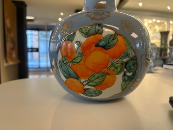 A Chinese lavender blue-ground bottle vase with fruit medallions, Republic