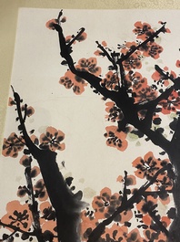 Guan Shanyue 關山月 (1912-2000): 'Fleurs de prunier', encre et couleurs sur papier, dat&eacute; 1992