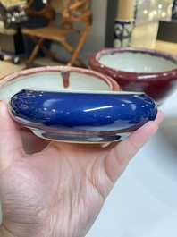 Four Chinese blue- and flamb&eacute;-glazed censers and a brush washer, 19/20th C.