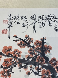 Guan Shanyue 關山月 (1912-2000): 'Fleurs de prunier', encre et couleurs sur papier, dat&eacute; 1992