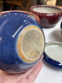 Four Chinese blue- and flamb&eacute;-glazed censers and a brush washer, 19/20th C.