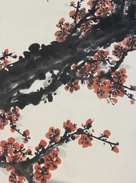 Guan Shanyue 關山月 (1912-2000): 'Fleurs de prunier', encre et couleurs sur papier, dat&eacute; 1992