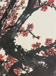 Guan Shanyue 關山月 (1912-2000): 'Fleurs de prunier', encre et couleurs sur papier, dat&eacute; 1992