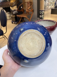 Four Chinese blue- and flamb&eacute;-glazed censers and a brush washer, 19/20th C.