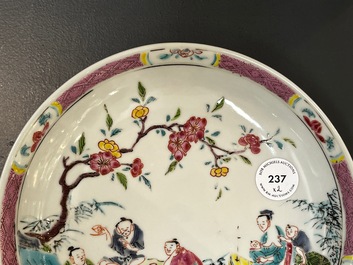 A Chinese famille rose plate and bowl with a nursing mother and men drinking tea on the shore, Yongzheng