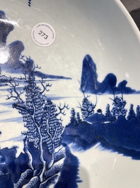 A Chinese blue and white dish with a scholar in a landscape, Yongzheng/Qianlong