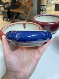 Four Chinese blue- and flamb&eacute;-glazed censers and a brush washer, 19/20th C.