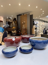 Four Chinese blue- and flamb&eacute;-glazed censers and a brush washer, 19/20th C.