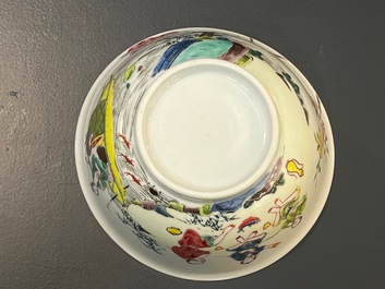 A Chinese famille rose plate and bowl with a nursing mother and men drinking tea on the shore, Yongzheng
