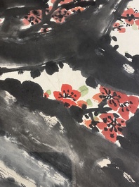 Guan Shanyue 關山月 (1912-2000): 'Fleurs de prunier', encre et couleurs sur papier, dat&eacute; 1992