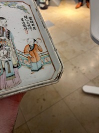Een Chinees blauw-wit 'Shou' plateau, een qianjiang cai plateau en een famille verte bord, 19/20e eeuw