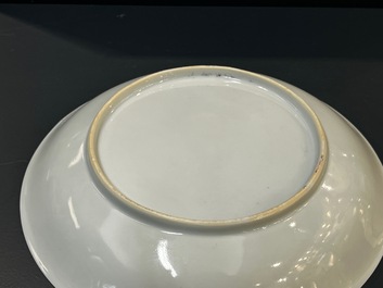 A Chinese famille rose plate and bowl with a nursing mother and men drinking tea on the shore, Yongzheng