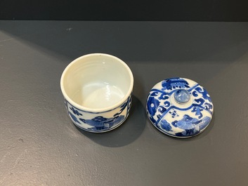 Two Chinese blue and white vases and a covered bowl, Kangxi