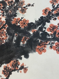 Guan Shanyue 關山月 (1912-2000): 'Fleurs de prunier', encre et couleurs sur papier, dat&eacute; 1992