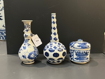 Two Chinese blue and white vases and a covered bowl, Kangxi