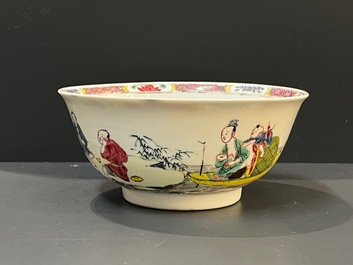 A Chinese famille rose plate and bowl with a nursing mother and men drinking tea on the shore, Yongzheng