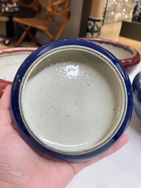 Four Chinese blue- and flamb&eacute;-glazed censers and a brush washer, 19/20th C.