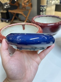 Four Chinese blue- and flamb&eacute;-glazed censers and a brush washer, 19/20th C.