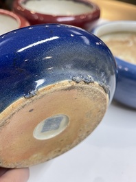 Four Chinese blue- and flamb&eacute;-glazed censers and a brush washer, 19/20th C.