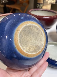 Four Chinese blue- and flamb&eacute;-glazed censers and a brush washer, 19/20th C.